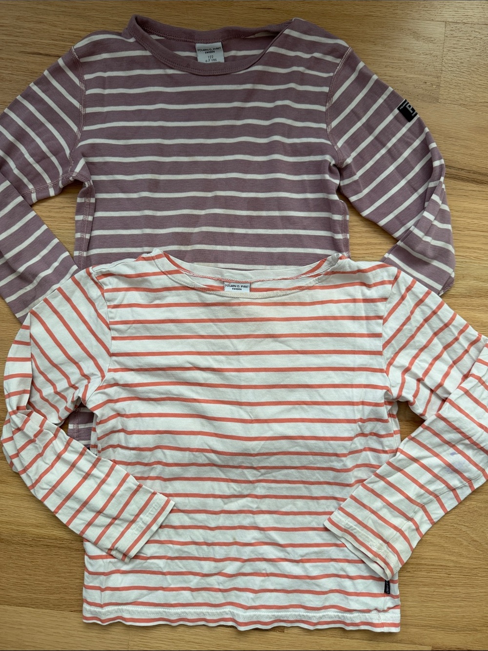 Polarn O. Pyret Bundle of Striped Long-Sleeve Tees in Mauve & Coral/White Sz 122